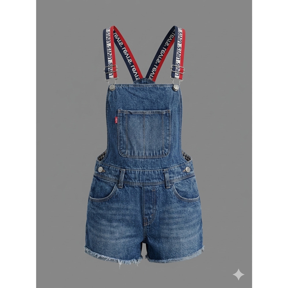 Levi’s Girls Blue Denim Shortall Bib Overalls Logo Straps Size 14 Regular